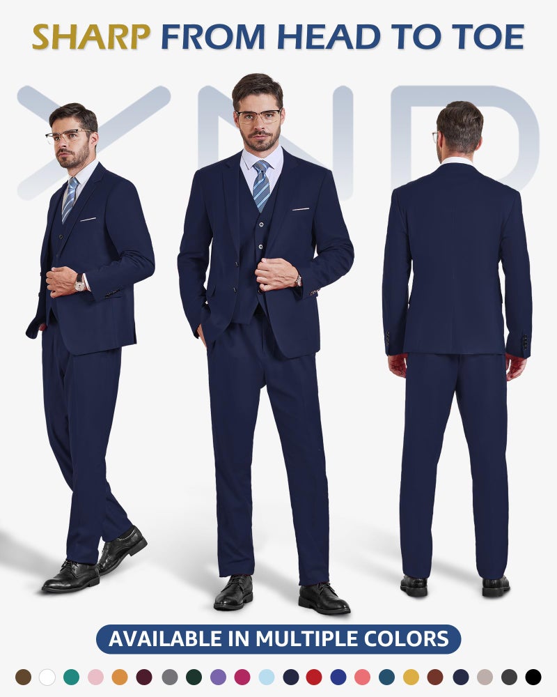 YND Men's 3 Piece Suit Set with Tie, 2 Button Slim Fit Solid Blazer Jacket Vest Pants, Business Wedding Party Suits for Men, Deep Blue - Image 2